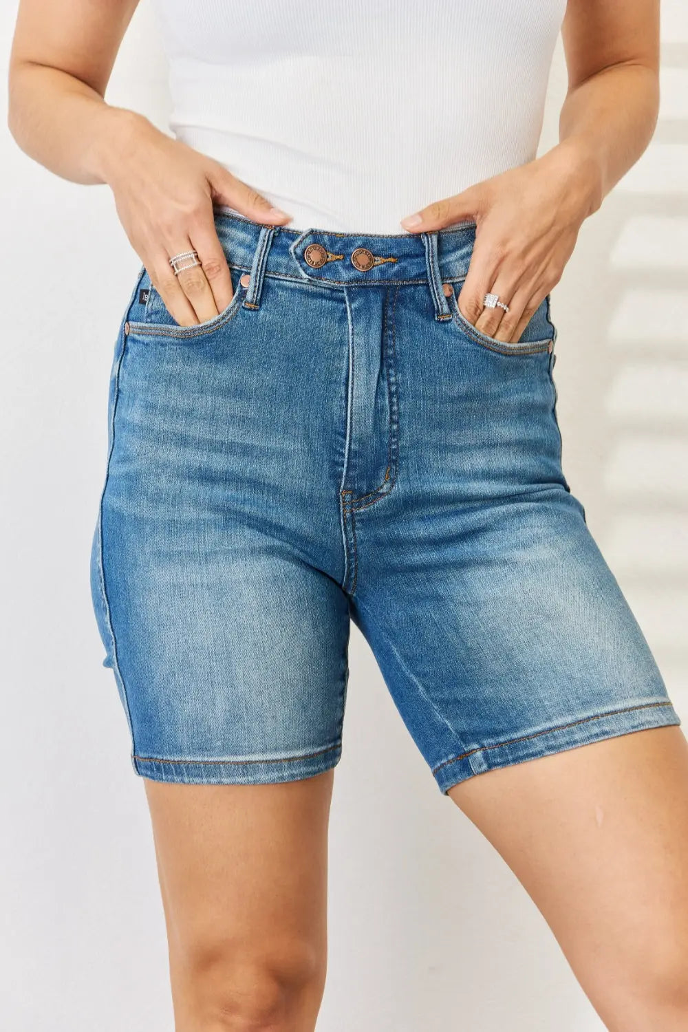 Judy Blue Full Size Tummy Control Double Button Bermuda Denim Shorts Trendsi