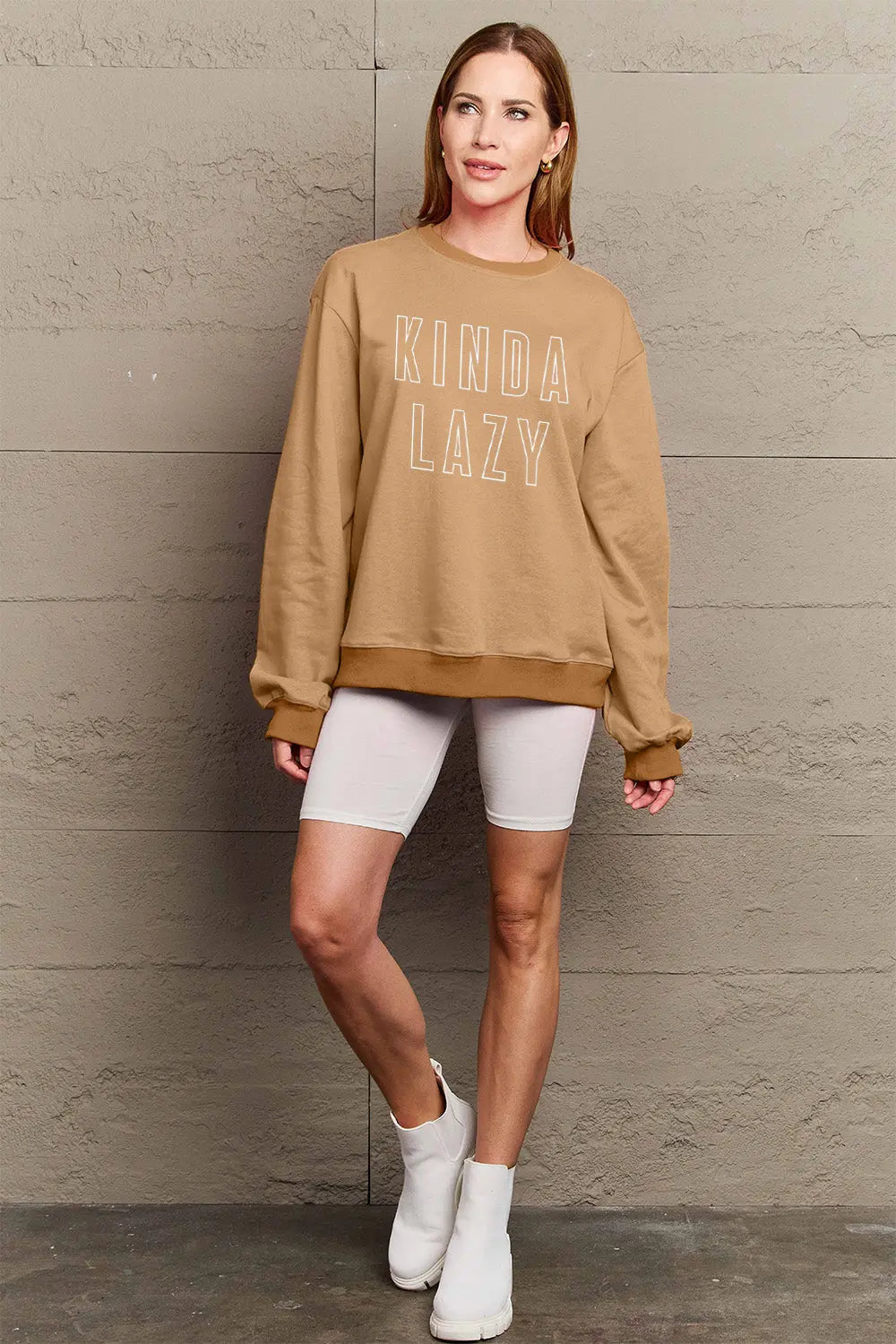 KINDA LAZY Graphic Round Neck Sweatshirt Trendsi