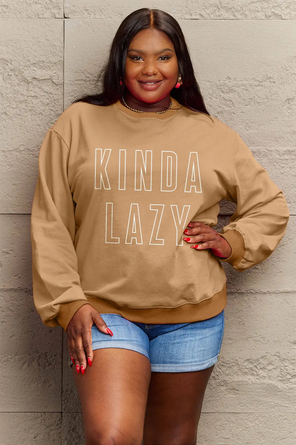 KINDA LAZY Graphic Round Neck Sweatshirt Trendsi