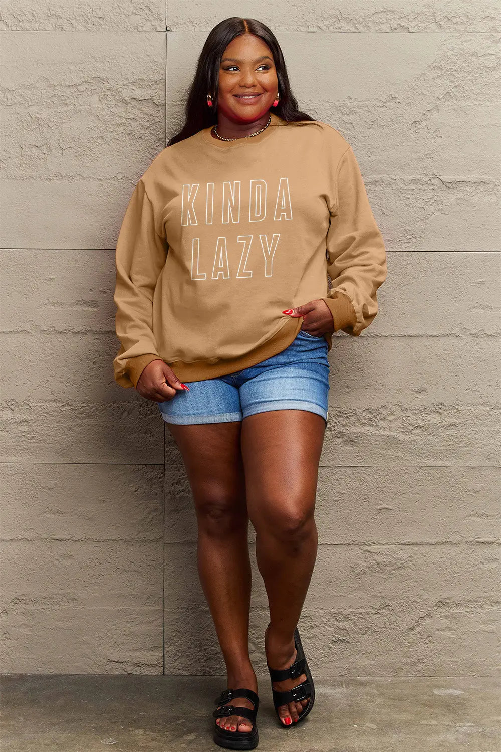 KINDA LAZY Graphic Round Neck Sweatshirt - Kittybear Krafts