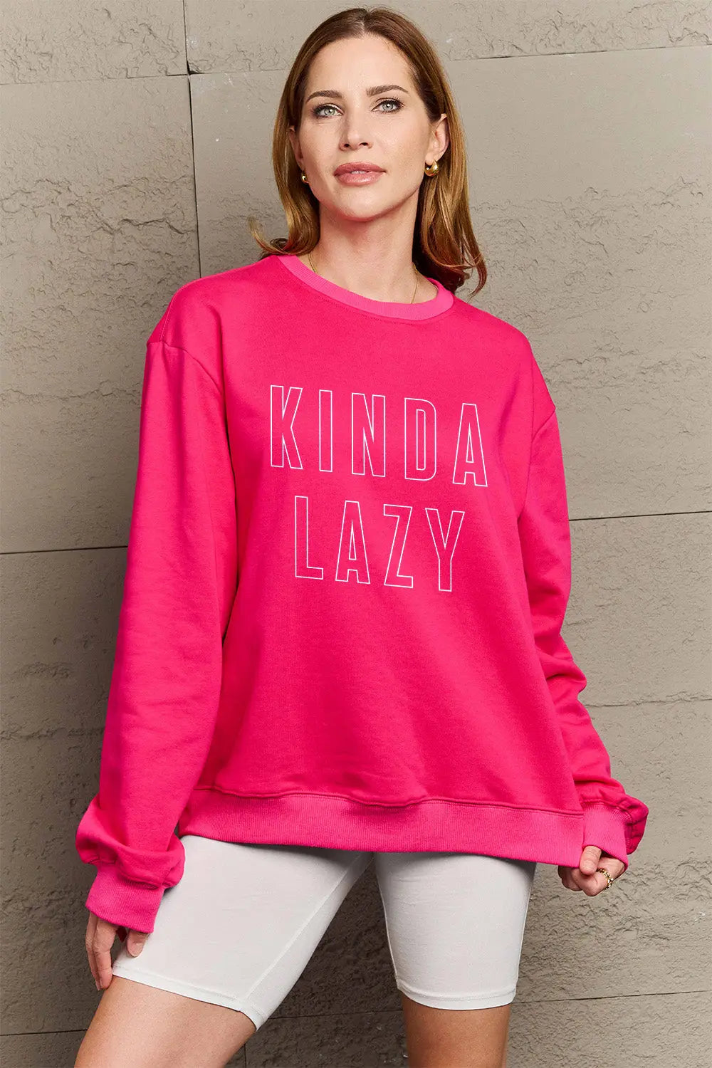 KINDA LAZY Graphic Round Neck Sweatshirt - Kittybear Krafts