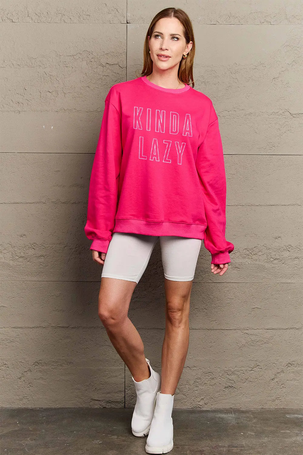 KINDA LAZY Graphic Round Neck Sweatshirt - Kittybear Krafts