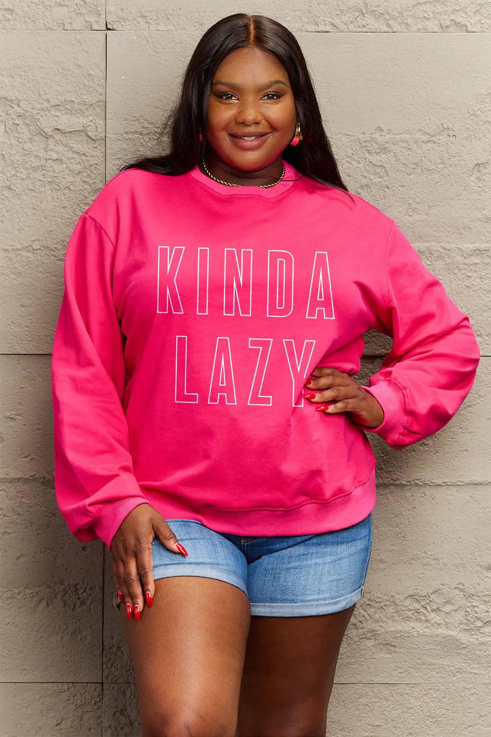 KINDA LAZY Graphic Round Neck Sweatshirt - Kittybear Krafts