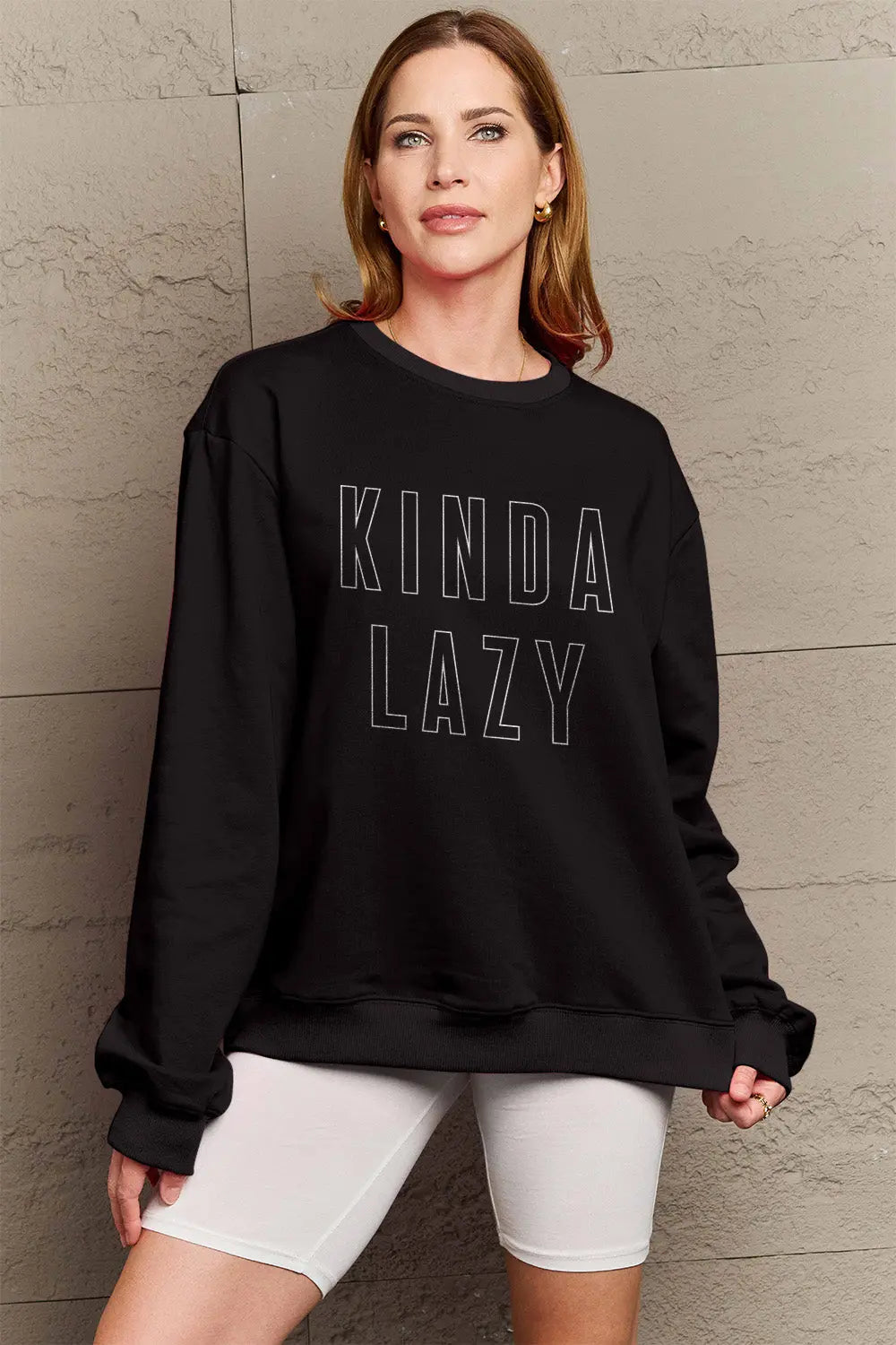 KINDA LAZY Graphic Round Neck Sweatshirt - Kittybear Krafts