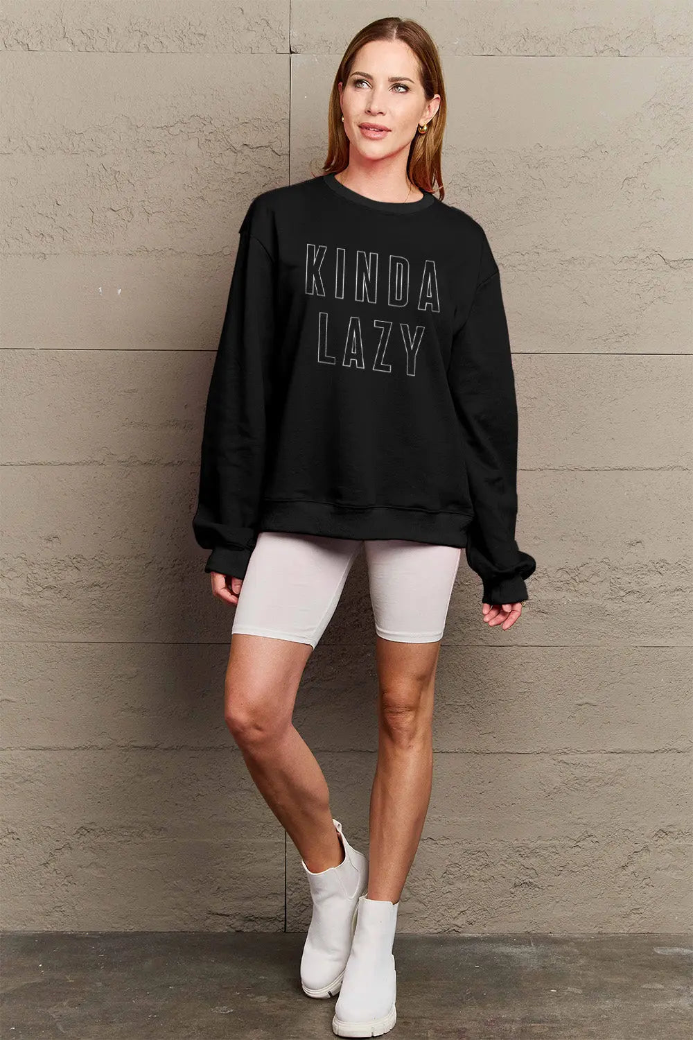 KINDA LAZY Graphic Round Neck Sweatshirt - Kittybear Krafts