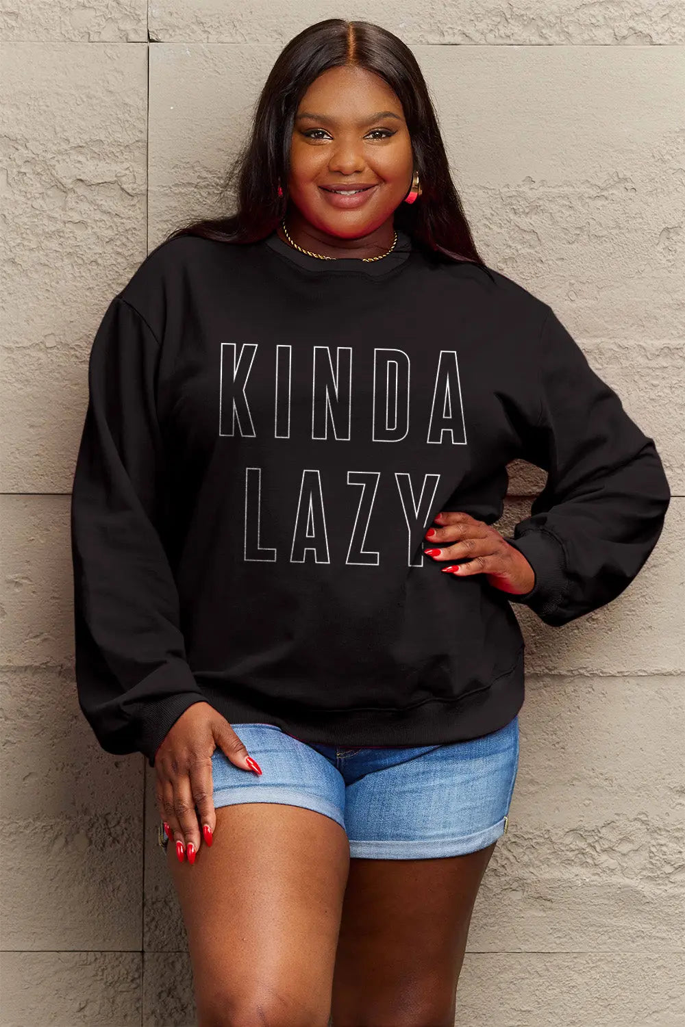 KINDA LAZY Graphic Round Neck Sweatshirt - Kittybear Krafts