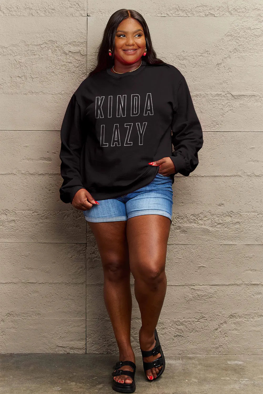 KINDA LAZY Graphic Round Neck Sweatshirt - Kittybear Krafts