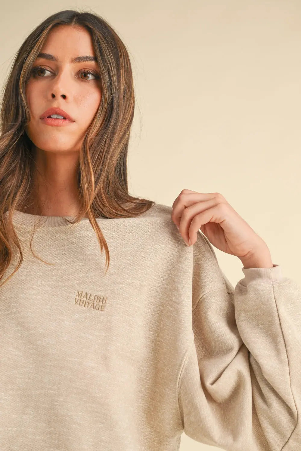 Malibu Vintage Round Neck Embroidery Crop Sweatshirt - Kittybear Krafts