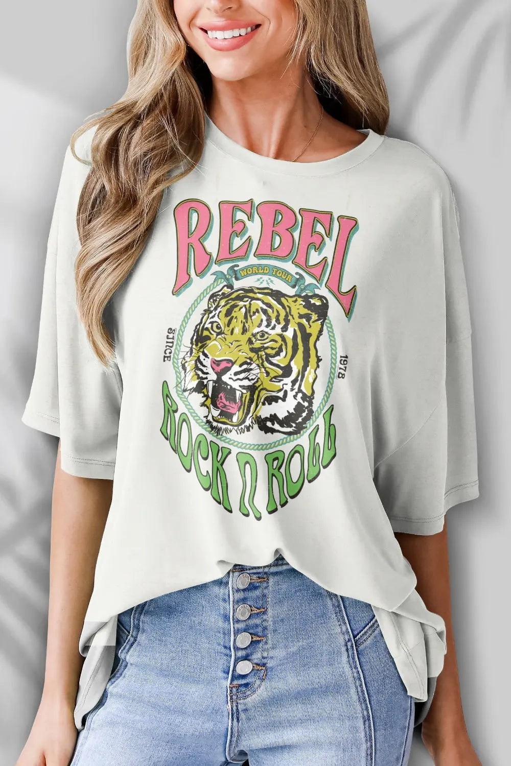 Rebel Rock N Roll/Polka Dot Round Neck Half Sleeve T-Shirt Trendsi