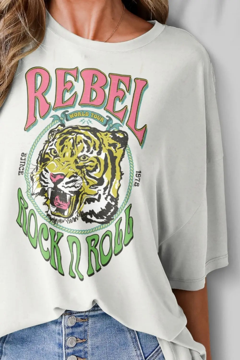 Rebel Rock N Roll/Polka Dot Round Neck Half Sleeve T-Shirt Trendsi