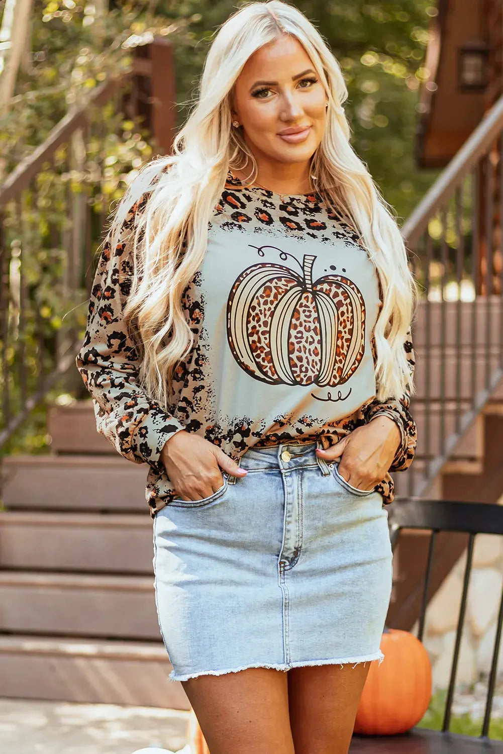 Pumpkin Graphic Leopard Round Neck Long Sleeve Fall Sweat shirt - Kittybear Krafts