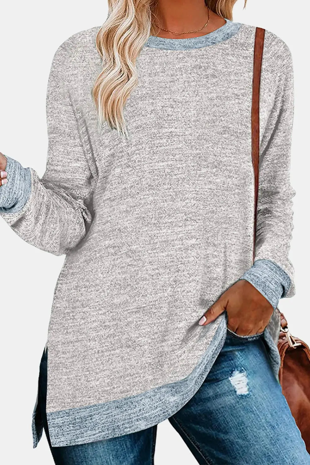 Round Neck Long Sleeve Slit T-Shirt - Kittybear Krafts