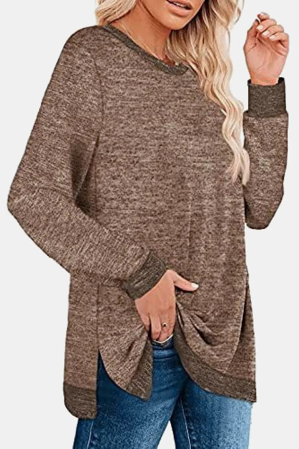 Round Neck Long Sleeve Slit T-Shirt - Kittybear Krafts