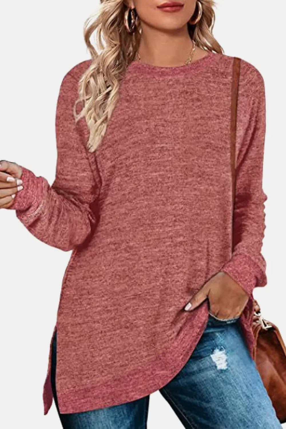 Round Neck Long Sleeve Slit T-Shirt - Kittybear Krafts