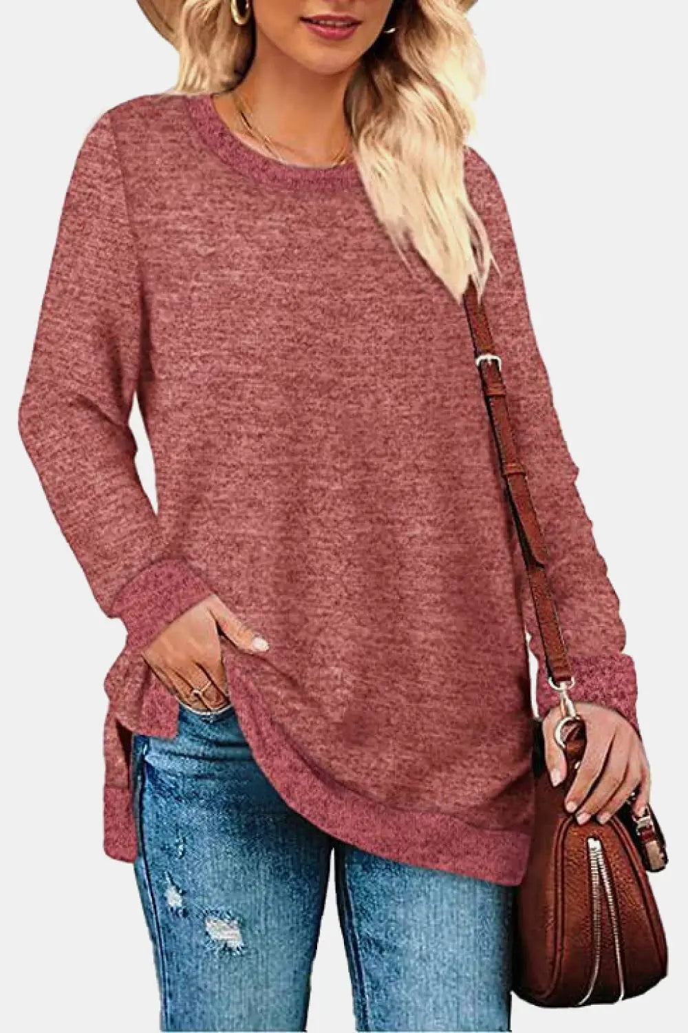 Round Neck Long Sleeve Slit T-Shirt - Kittybear Krafts