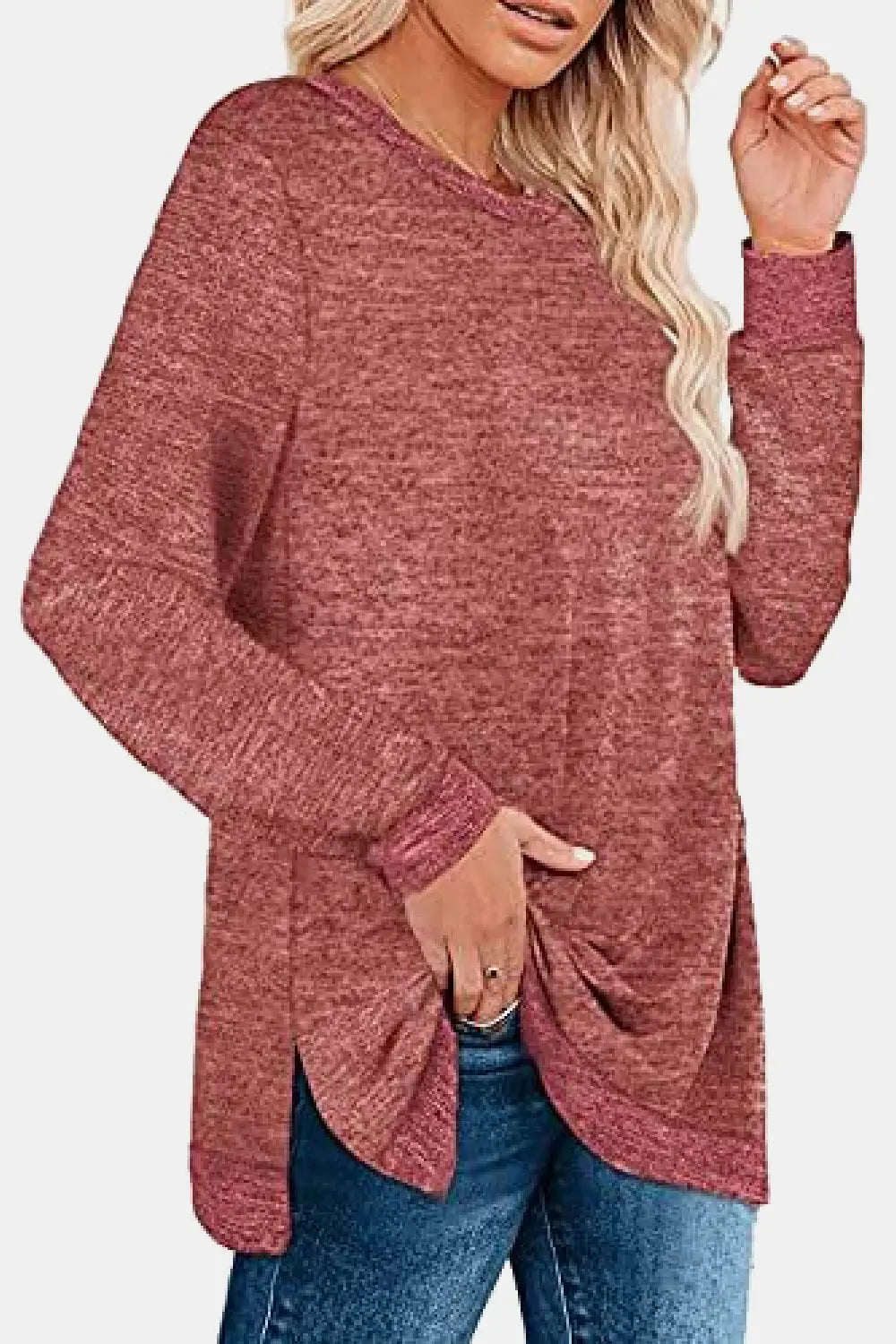 Round Neck Long Sleeve Slit T-Shirt - Kittybear Krafts