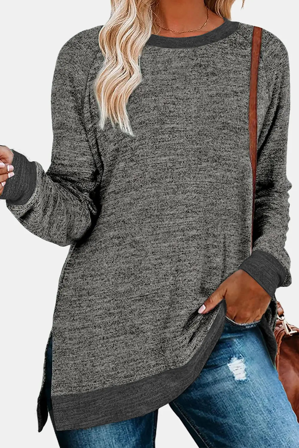 Round Neck Long Sleeve Slit T-Shirt - Kittybear Krafts