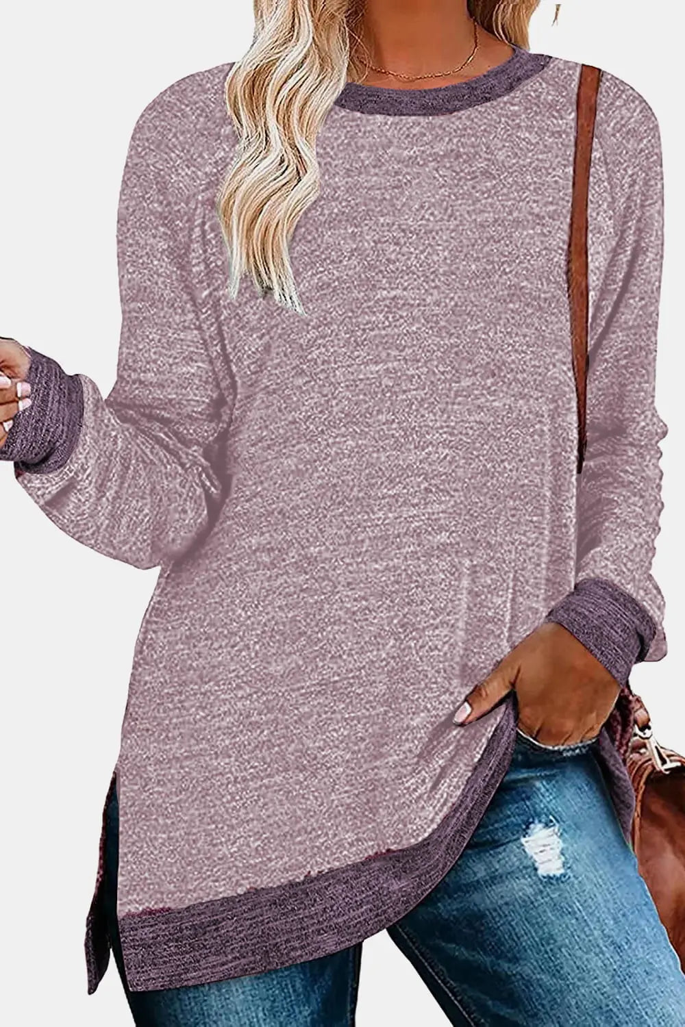 Round Neck Long Sleeve Slit T-Shirt - Kittybear Krafts