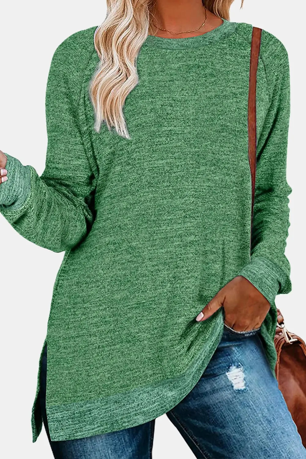 Round Neck Long Sleeve Slit T-Shirt - Kittybear Krafts