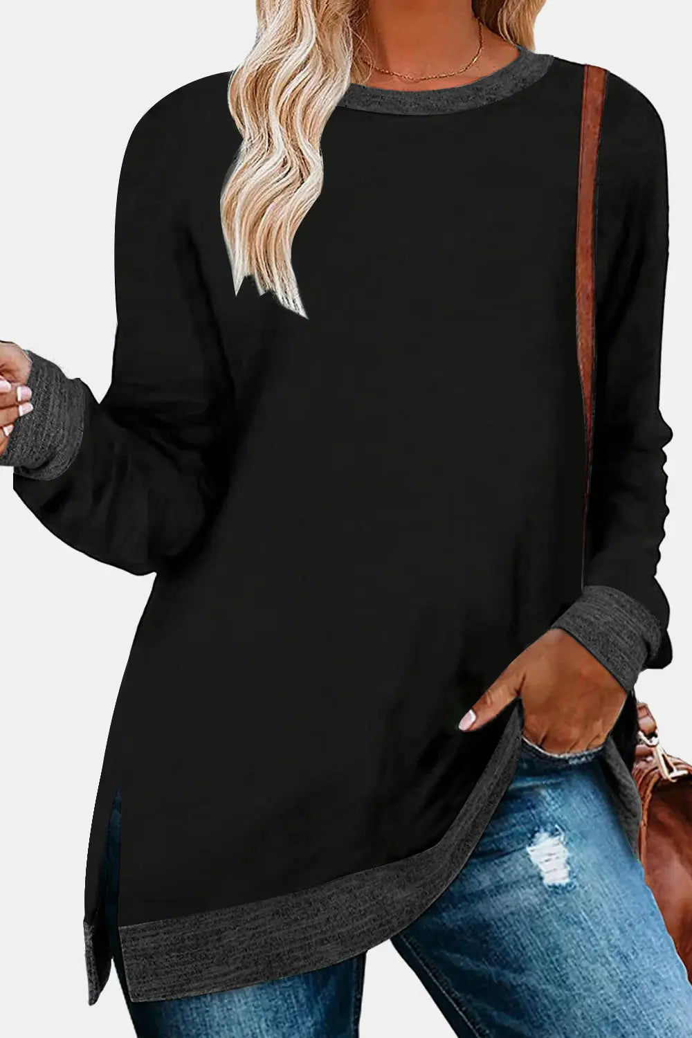 Round Neck Long Sleeve Slit T-Shirt - Kittybear Krafts