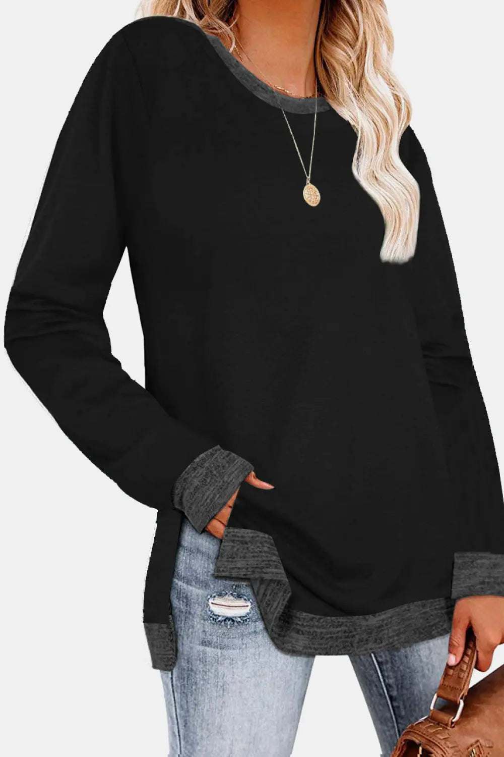 Round Neck Long Sleeve Slit T-Shirt - Kittybear Krafts