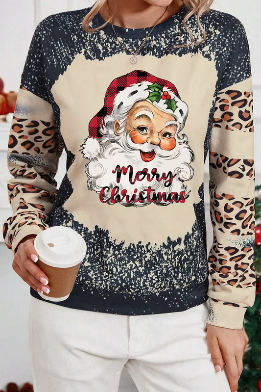 Santa Graphic Christmas Leopard Dropped Shoulder Sweat shirt - Kittybear Krafts