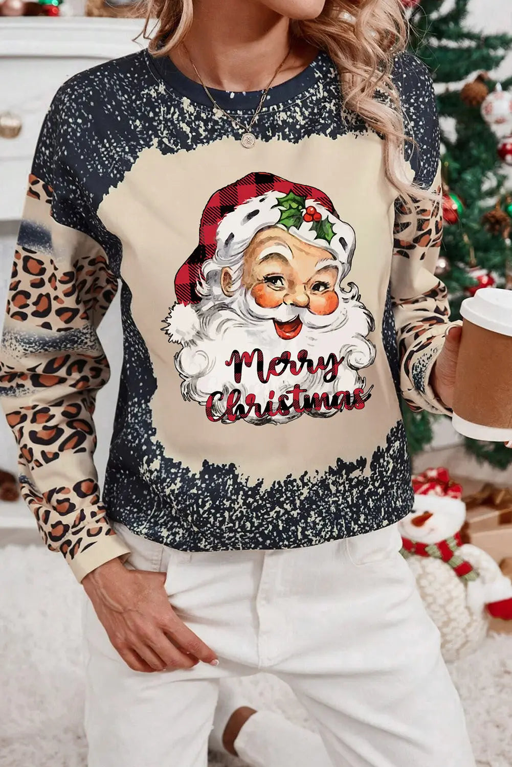 Santa Graphic Christmas Leopard Dropped Shoulder Sweat shirt - Kittybear Krafts