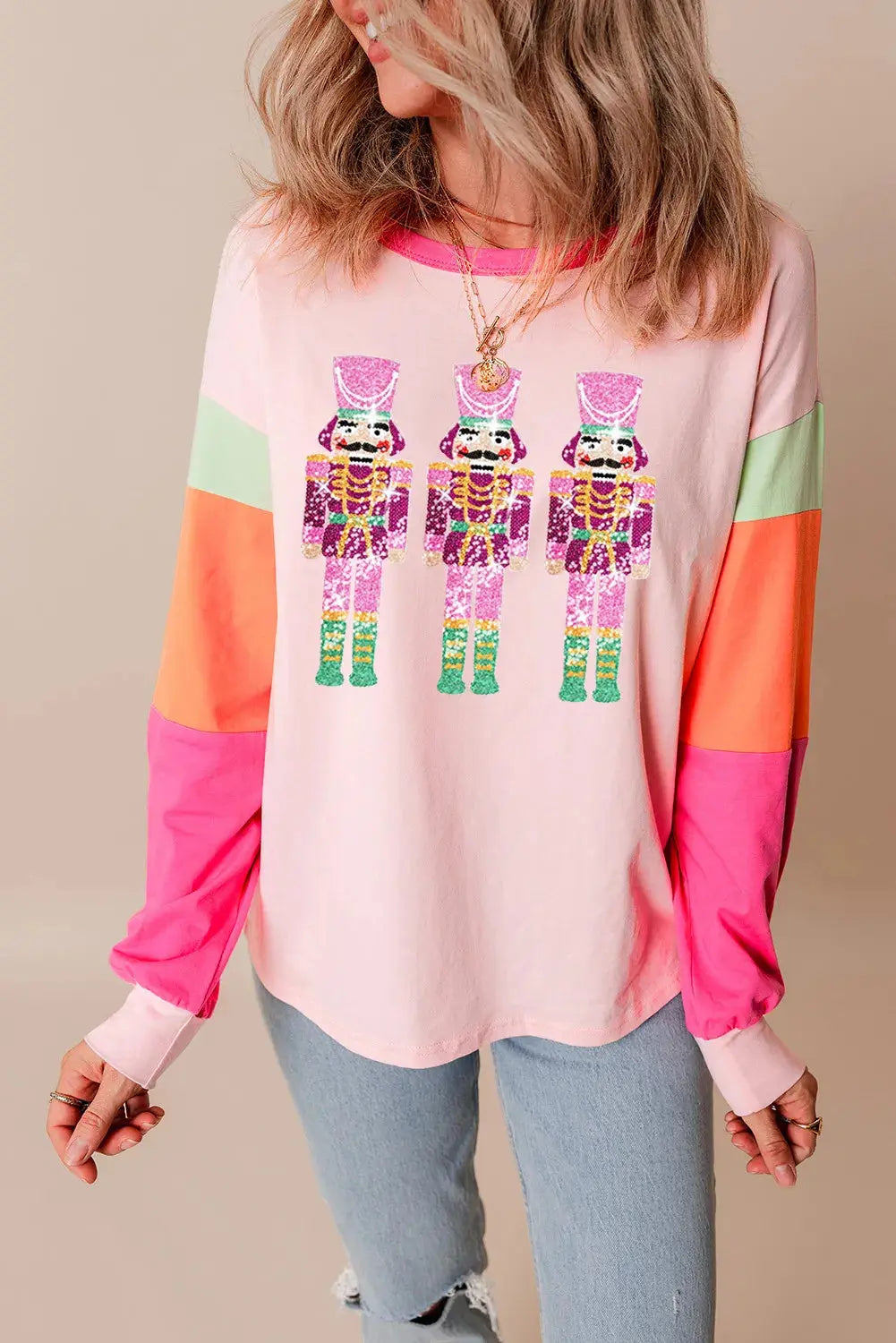 Sequin Christmas Nutcracker Round Neck Long Sleeve Top Trendsi