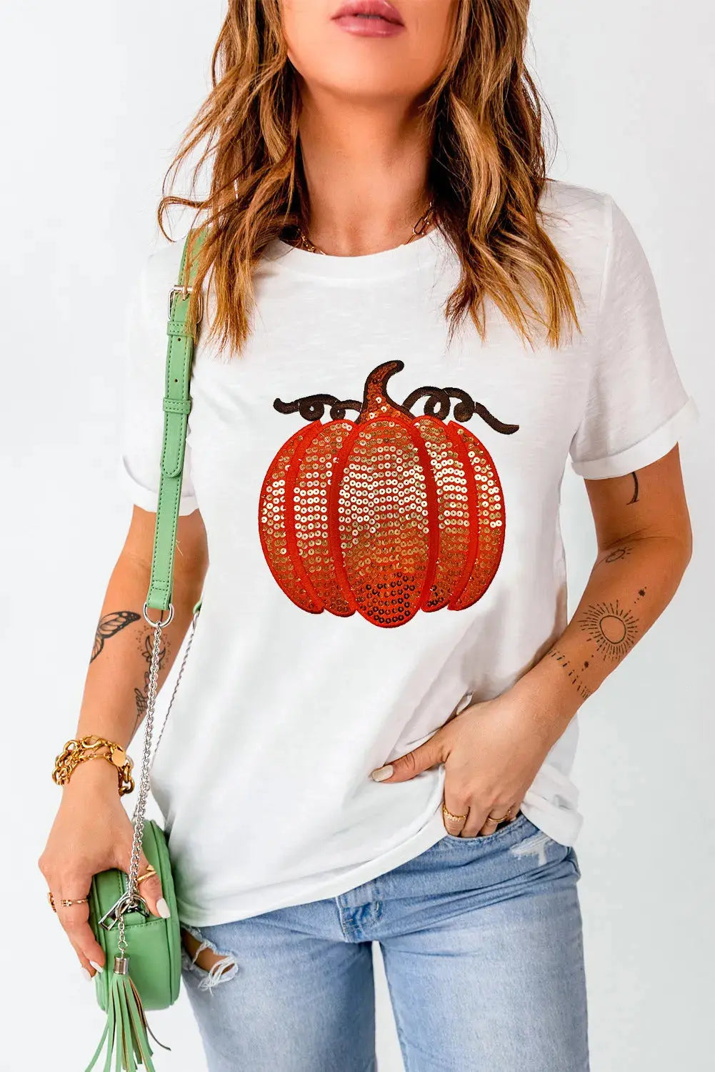 Sequin Fall Pumpkin Round Neck Short Sleeve T Shirt Trendsi