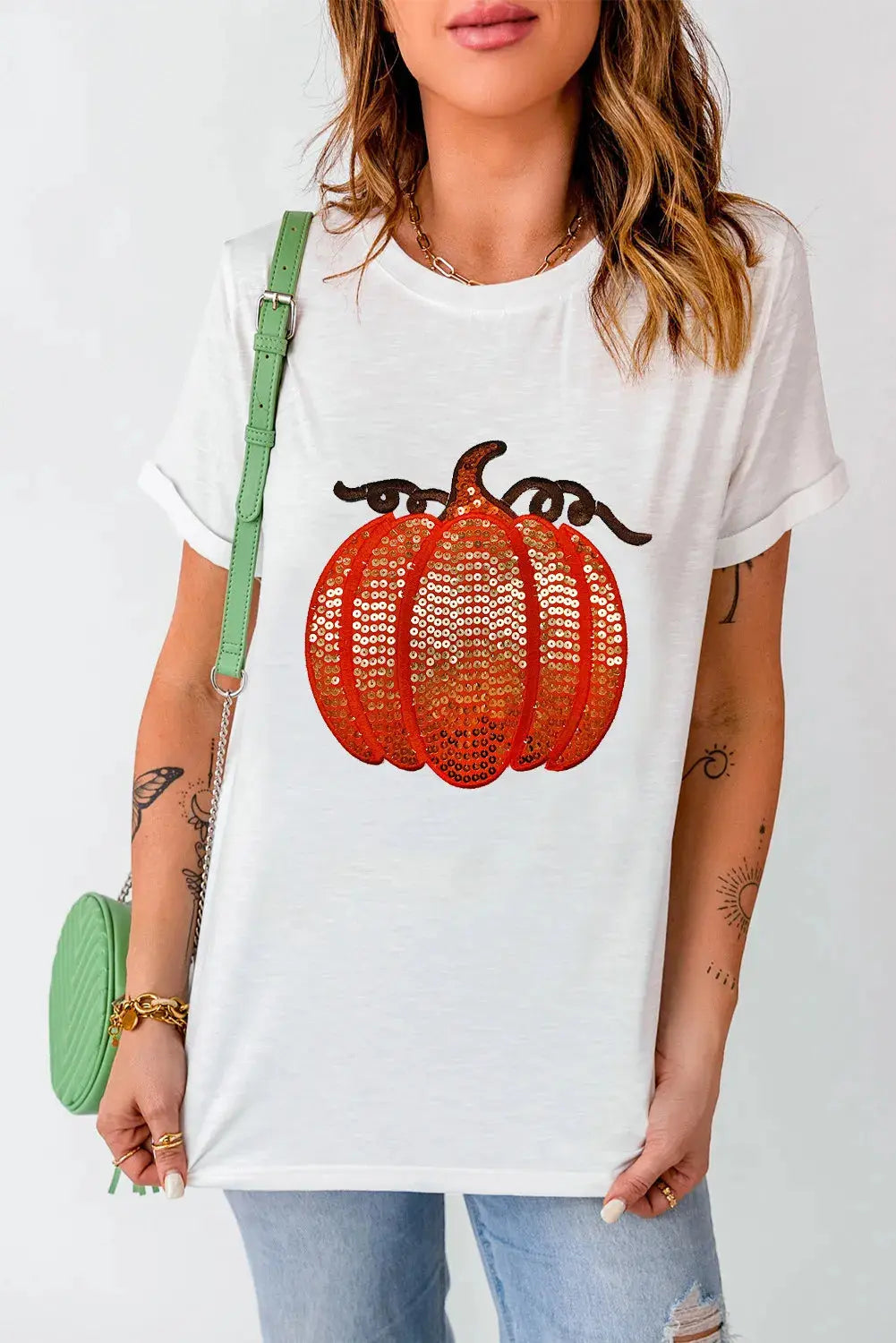 Sequin Fall Pumpkin Round Neck Short Sleeve T Shirt Trendsi