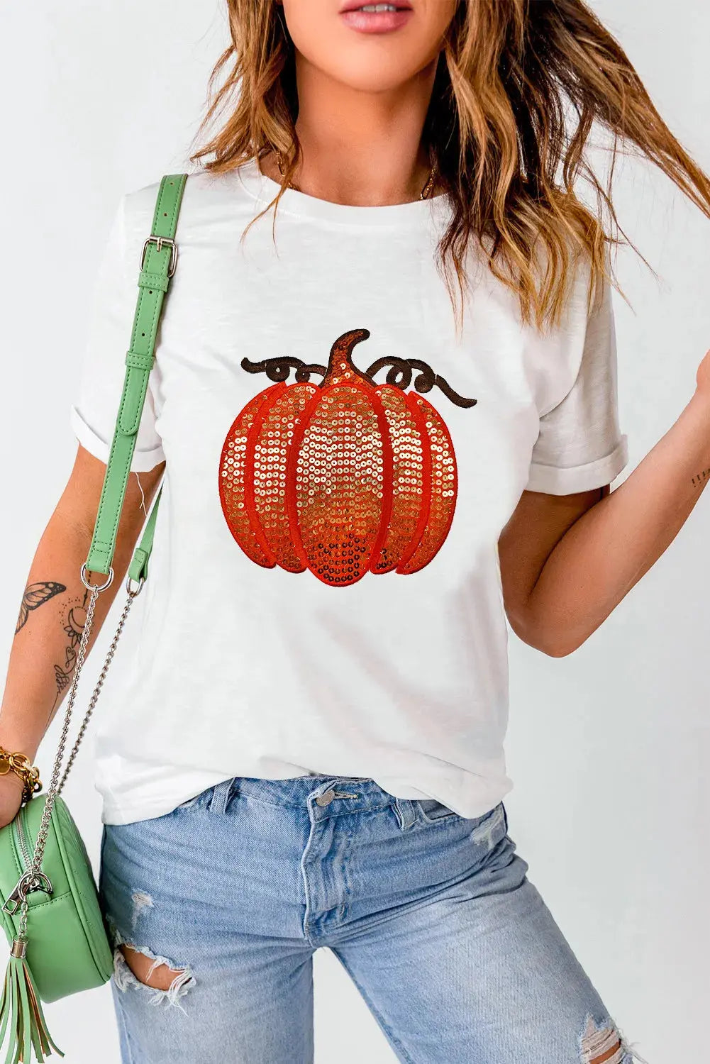 Sequin Fall Pumpkin Round Neck Short Sleeve T Shirt Trendsi