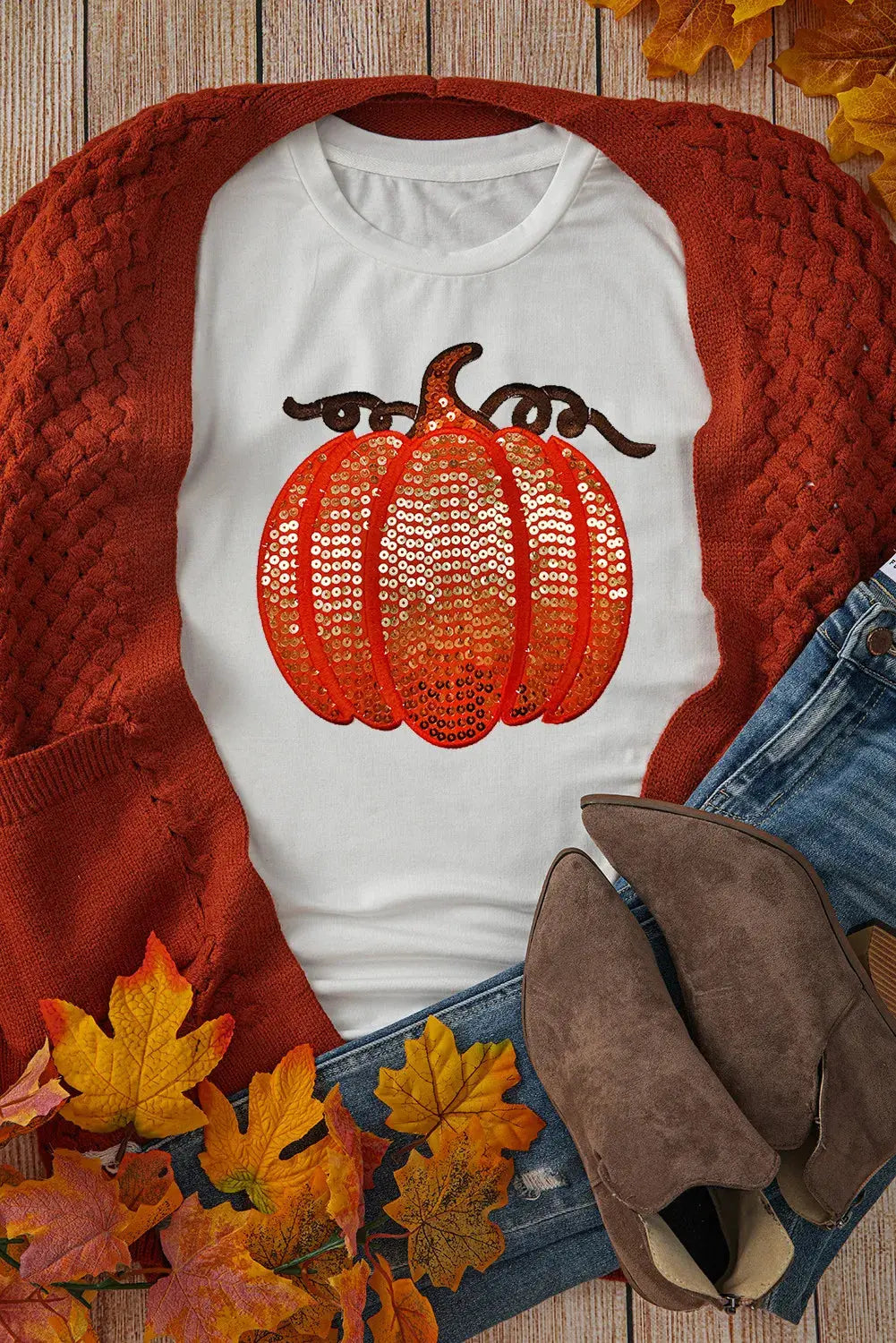 Sequin Fall Pumpkin Round Neck Short Sleeve T Shirt Trendsi