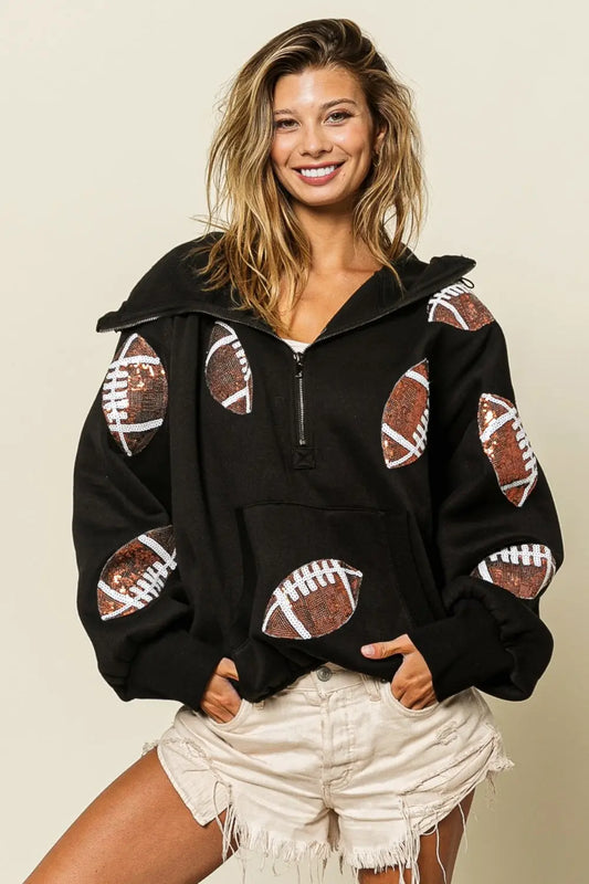 Sequin Football Half Zip Hoodie - Kittybear Krafts