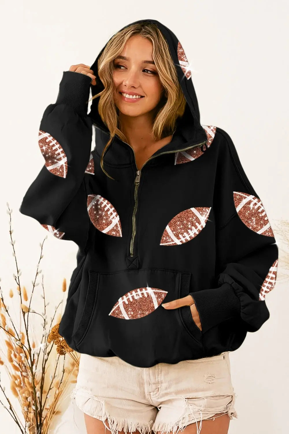 Sequin Football Half Zip Hoodie - Kittybear Krafts