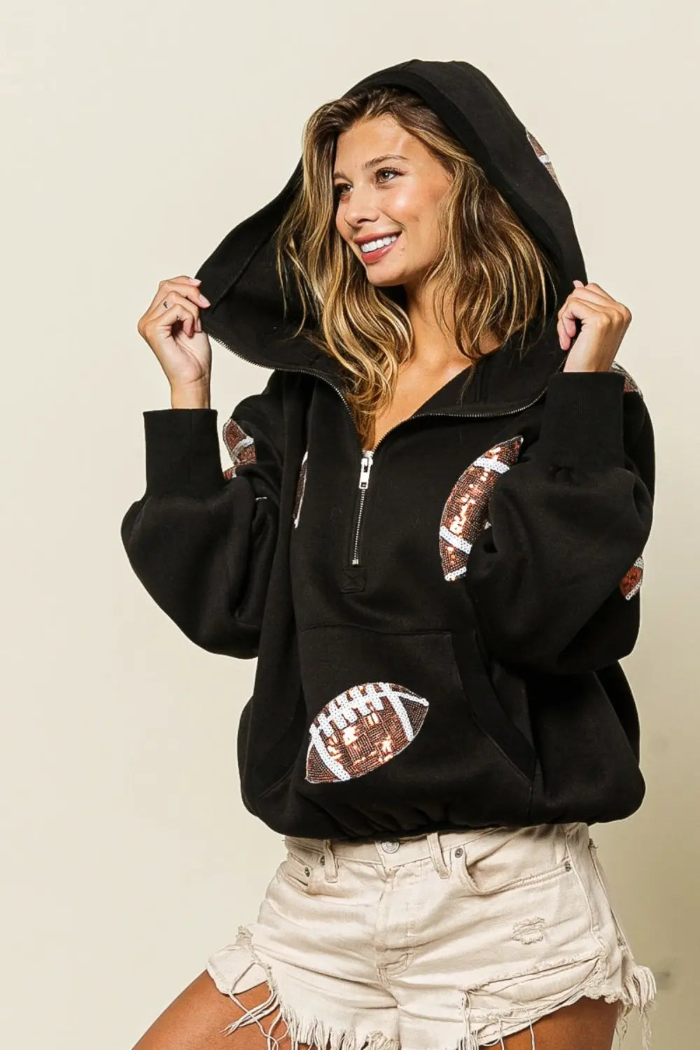 Sequin Football Half Zip Hoodie - Kittybear Krafts