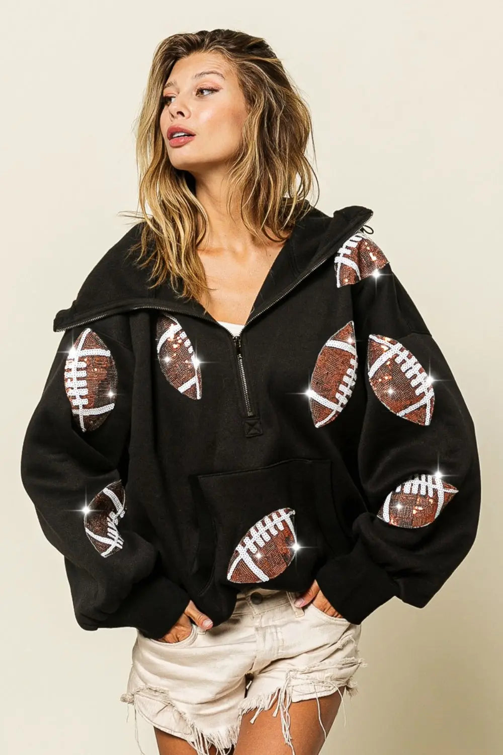 Sequin Football Half Zip Hoodie - Kittybear Krafts