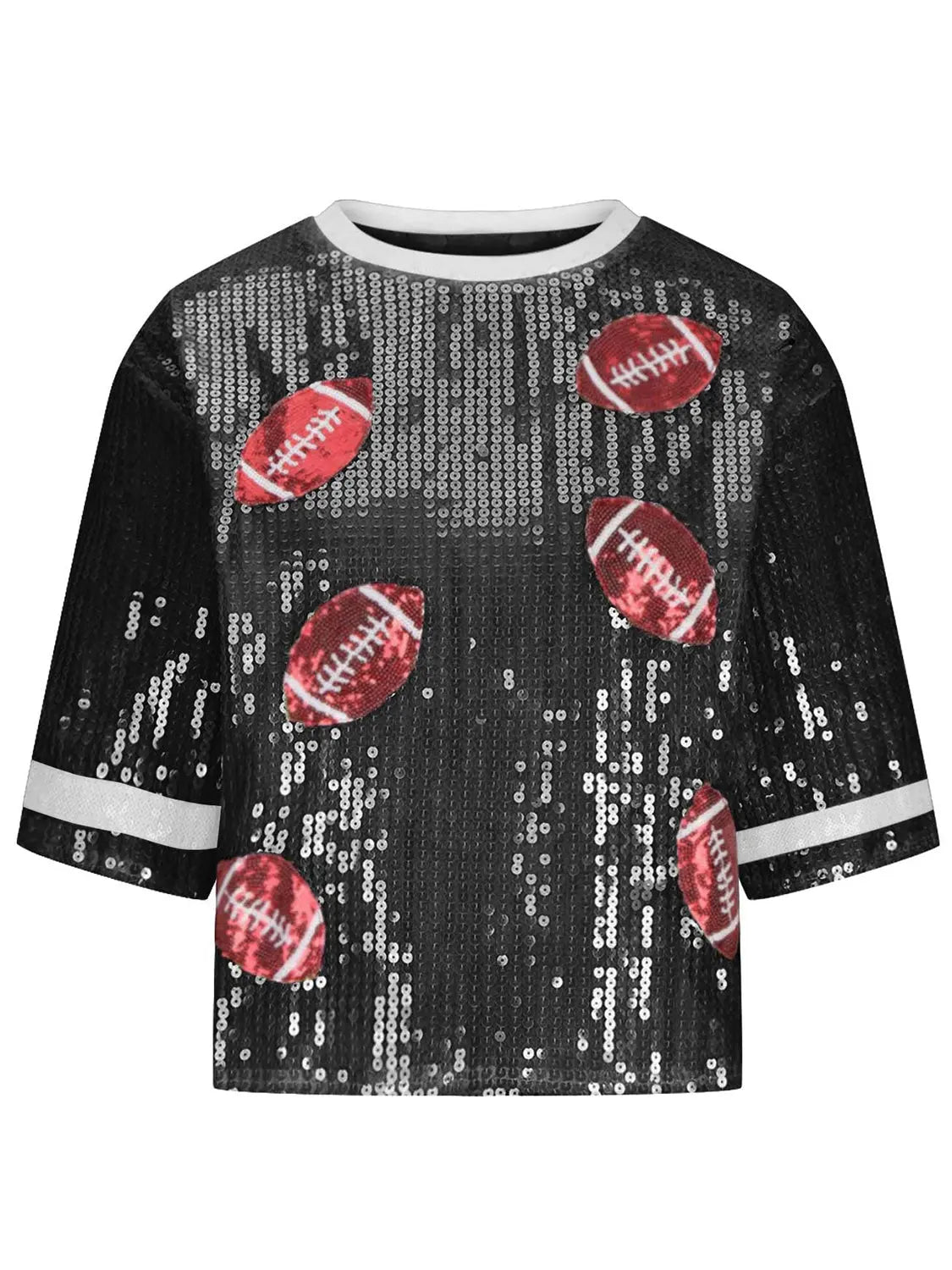 Sequin Football Round Neck Half Sleeve Top - Kittybear Krafts