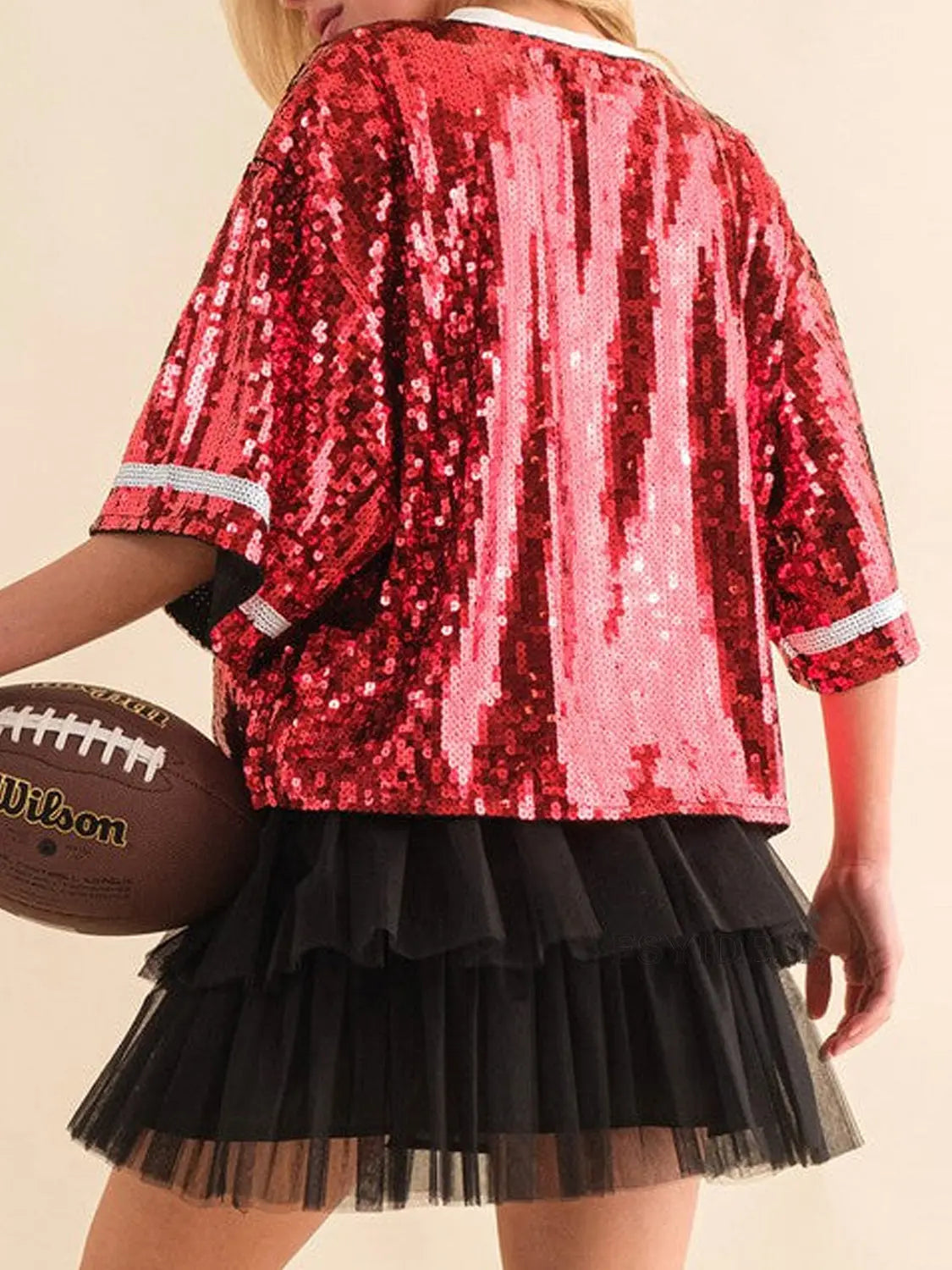 Sequin Football Round Neck Half Sleeve Top - Kittybear Krafts