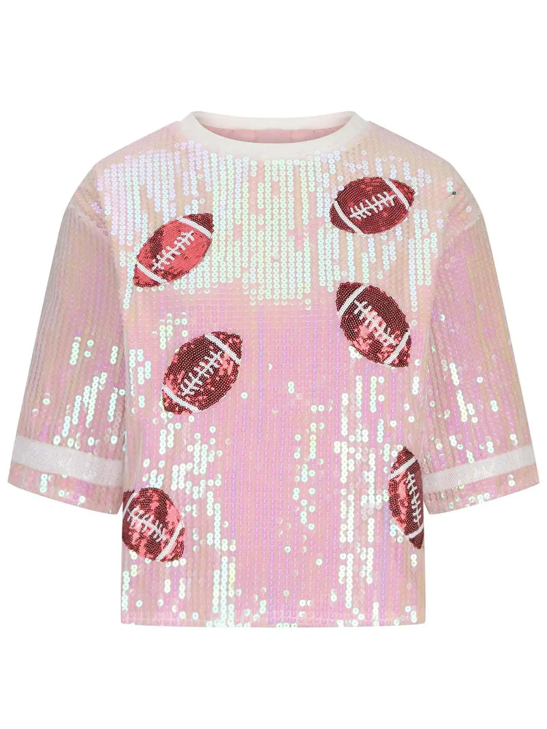 Sequin Football Round Neck Half Sleeve Top - Kittybear Krafts