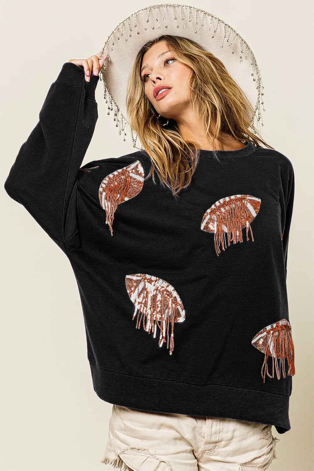 Sequin Fringe Football Patch Round Neck Sweater - Kittybear Krafts