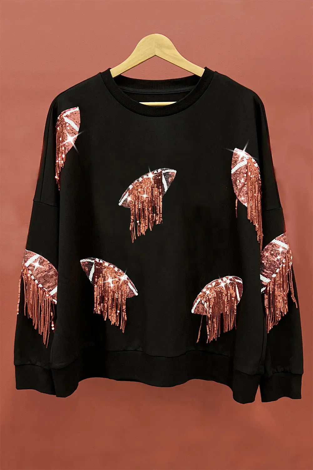 Sequin Fringe Football Patch Round Neck Sweater - Kittybear Krafts