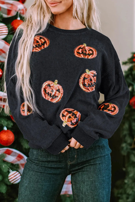 Sequin Patch Pumpkin Round Neck Fall Sweat shirt - Kittybear Krafts