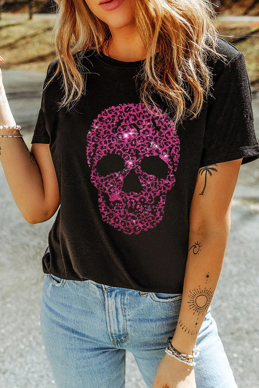 Skull Rhinestone Round Neck Short Sleeve T-Shirt - Kittybear Krafts