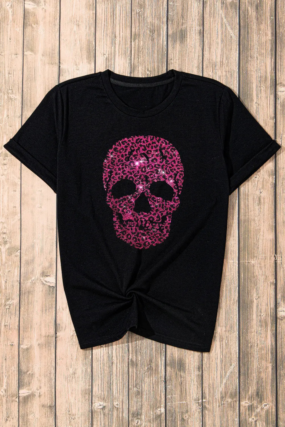 Skull Rhinestone Round Neck Short Sleeve T-Shirt - Kittybear Krafts