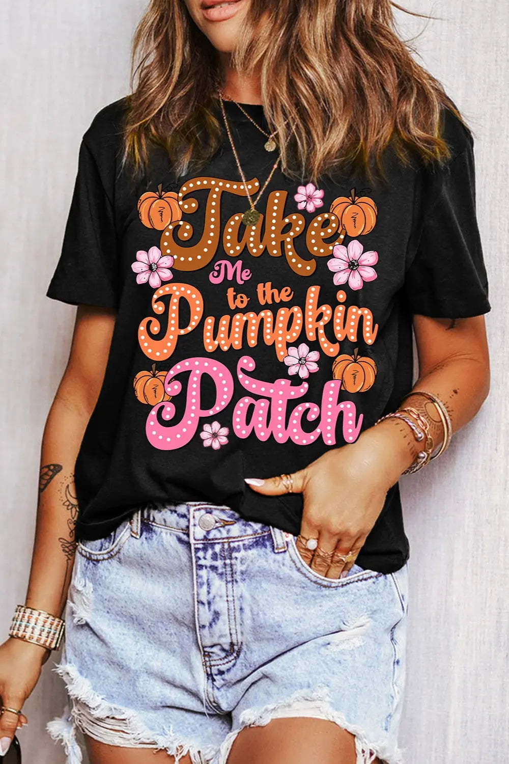 Take Me to the Pumpkin Patch Fall Graphic Round Neck Short Sleeve Shirt - Kittybear Krafts