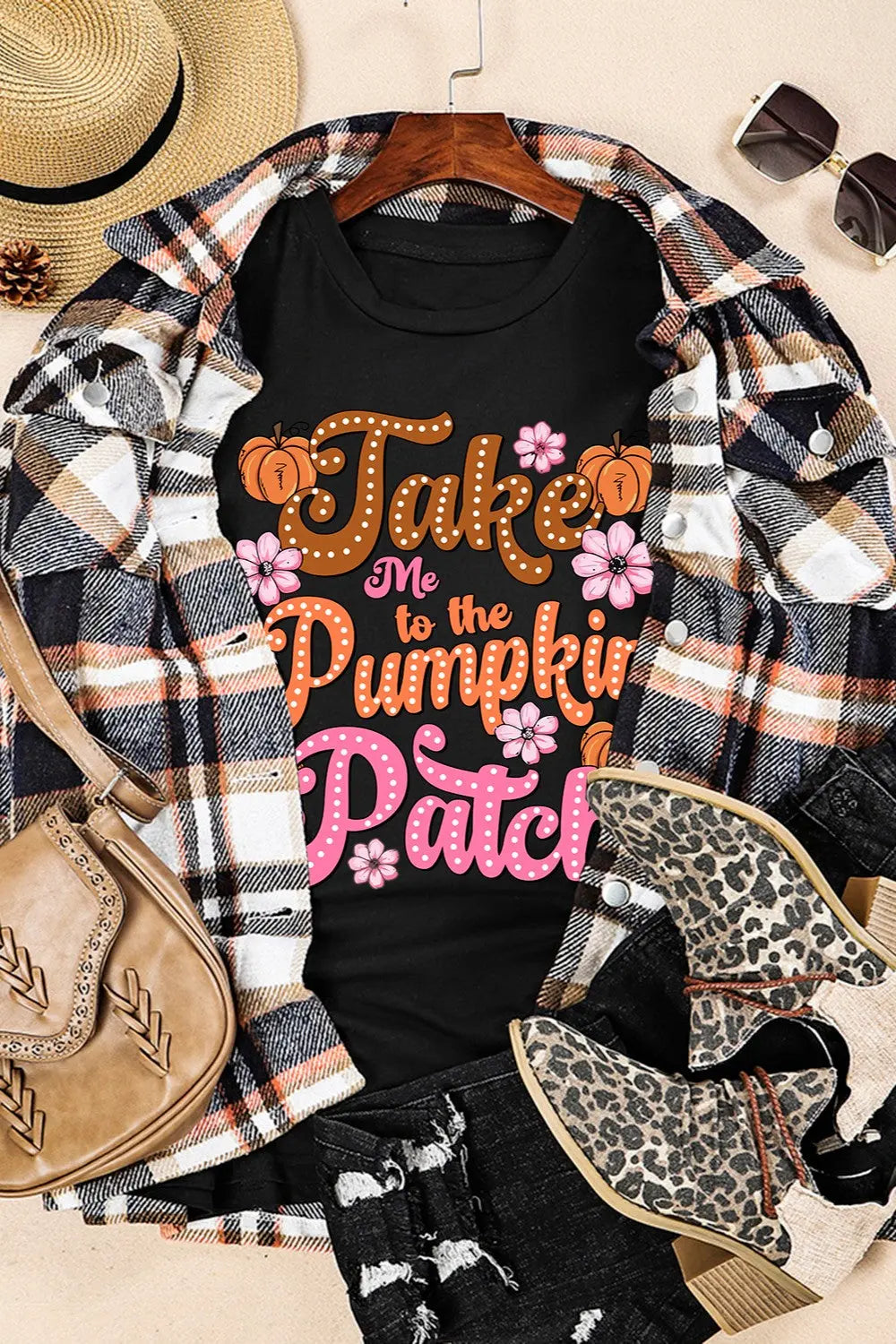 Take Me to the Pumpkin Patch Fall Graphic Round Neck Short Sleeve Shirt - Kittybear Krafts