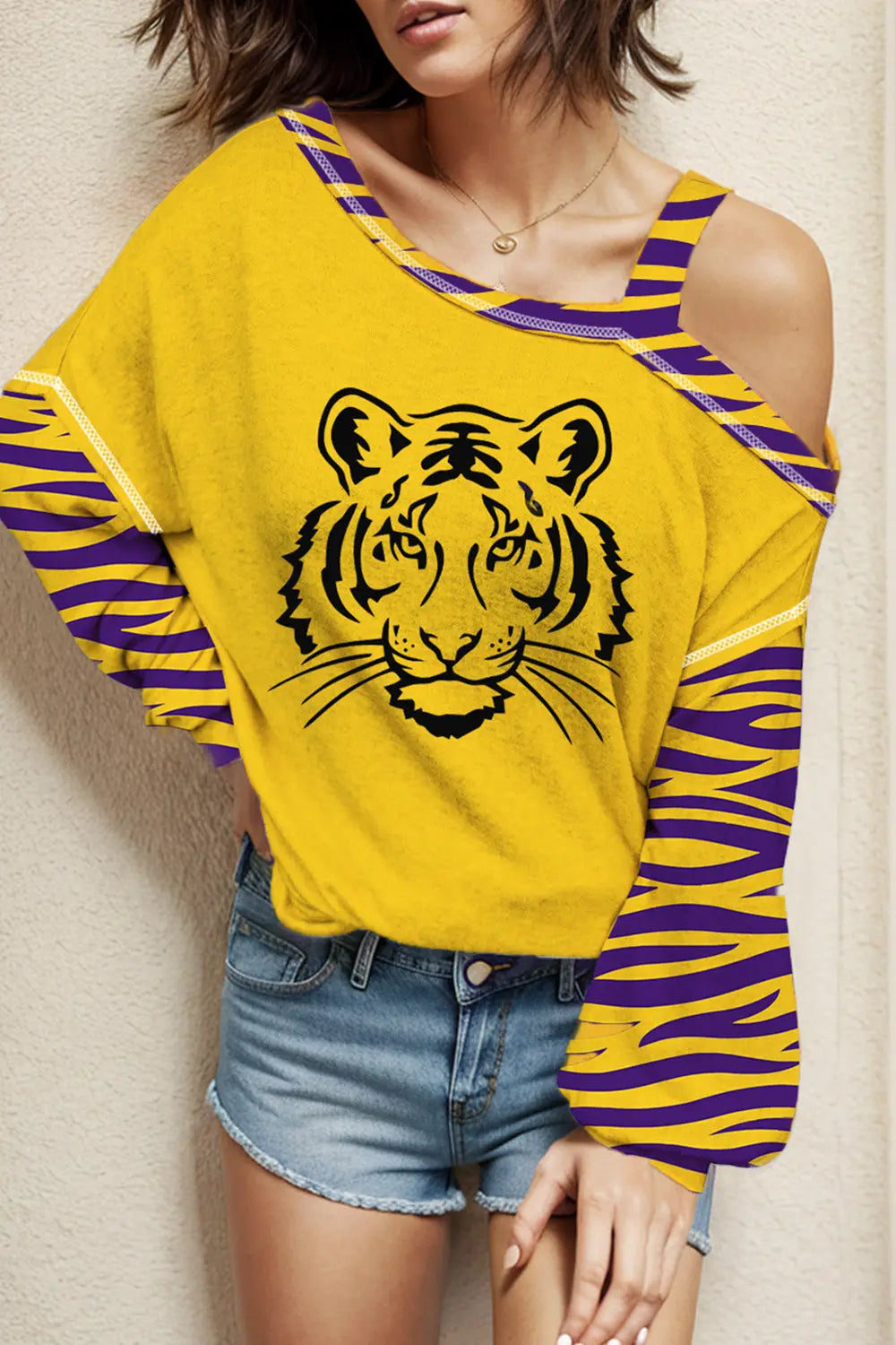 Tigers Football Graphic Asymmetrical Neck Long Sleeve T Shirt Trendsi