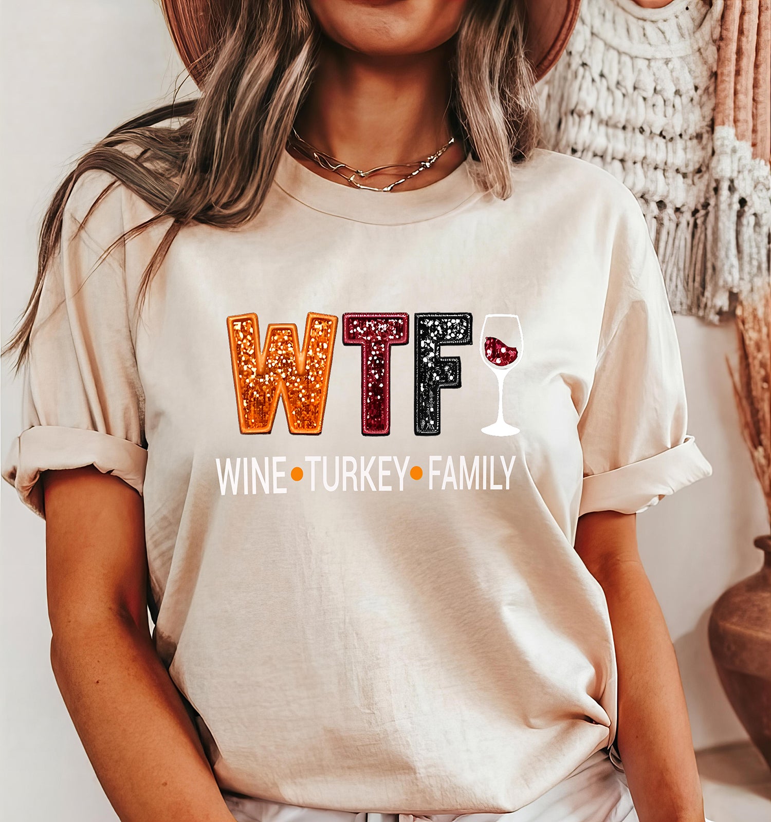 WTF Wine Turkey Family Thanksgiving Fall Graphic Short Sleeve or Long Sleeve Tee Kittybear Krafts