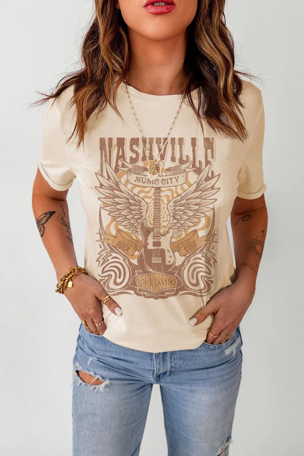 Western Nashville Graphic Round Neck T-Shirt Trendsi