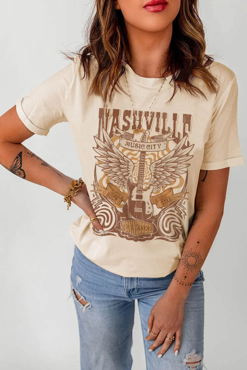 Western Nashville Graphic Round Neck T-Shirt - Kittybear Krafts